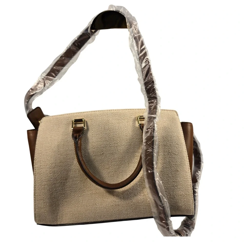 Antonio Melani Brown Leather Beige Herringbone Satchel Handbag RN 58909